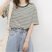 Summer thin new style all-match loose cotton green striped T-shirt women 965 S