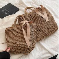 Rankų darbo šiaudiniai krepšiai Kaspinai Bowknot Beach Mezgimas Rankinės Tote 32cm*26cm kava