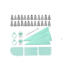 LMETJMA 34Pcs Piping Bags and Tips Set 24 Stainless Steel Tips 2 Reusable Silicone Pastry Bags 3 Icing Smoother 1 Pipe Brush žalia