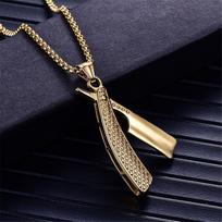 Punk Razor Blade Pendants Necklaces Gold Color Stainless Steel Chain Barber Shop Necklace for Men Jewelry 60CM