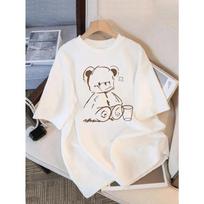 Cute Teddy Bear Print Crew Neck Tops Women's Fit Short Sleeve Cartoon Fashion Coffee Cup Kawaii Women Clothing M