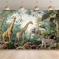 2D meninis džiunglių safario fonas Žirafa, dramblys ir leopardas studijinės fotografijos fonas 47.2x31.5inch/120*80cm