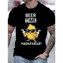 Casual Crew Neck Short Sleeve Summer Top Men's Fun Beer Chicken Pattern T-Shirt Suitable for Party and Daily Wear Black S