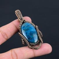 Neon Blue Apatite Gemstone Pure Copper Wire Wrapped Handmade Pendant Jewelry For Her 2.83 Inches mėlyna
