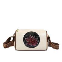 Handcrafted Leather Crossbody Bag with Embossed Lotus Design for Women Elegant Shoulder Bag for Daily and Formal Use abrikosas