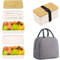 Bento Box Double Layer Bamboo Lid Microwave Safe Lunch Box Compartment Food Container School Office Meal Prep Storage Box Portable Tableware balta