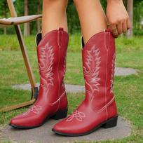 Moteriški itin platūs blauzdos batai, dydis 12. Madingi ir universalūs vakarietiški batai moterims. Retro ilgaauliai batai moterims. Botas Para Mujer 37 raudona