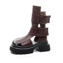 6CM Mokasinai Moteriški Platforminiai Ankle Boots Retro Vasariniai Etniniai Nerti Platforminiai Odiniai Ilgi Batai Tuščiaviduriai Kvėpuojantys Batai 35 ruda