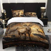 3 vnt. briedžių ir elnių patalynės komplektas - Rustic Brown/Beige/Golden miško gyvūnų lovatiesė su briedžių ir elnių dizainu, švelni šukuota lovatiesė Duvet Cover Set&EU Single(135x200cm)