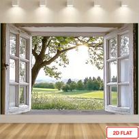 2D Nature Landscape Backdrop, Vintage Open Window with Sunlit Greenery Photography Background for Home Party 47.2x31.5inch/120*80cm
