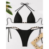 Seksualus mikro bikinis Juodi maudymosi kostiumai Tvarstis Moteriškas maudymosi kostiumas Moteriškas dirželis Bikini rinkinys 2 dalių Moteriškas maudymosi kostiumas Paplūdimio drabužiai S juoda