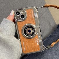 Luxury 3d Plating Camera Leather Lanyard Starp Phone Case For Iphone 14 13 12 11 Pro Max Litchi Pattern Shockproof Soft Cover For iPhone 14Plus