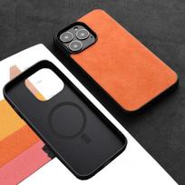 Luxury Alcantara Magnetic Charging Phone Case for iPhone 16 Pro Max 15 14 13 Pro High-end Turn Fur Leather Suede Back Cover iPhone 16 Pro Max oranžinė