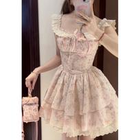 Summer first love sweet wind small flying sleeves lace splicing floral waist dress waist princess puffy short skirt S- (can be worn within 45kg) rožinė
