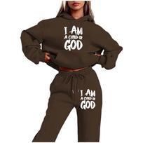 2025 Trendy Women's Plush Hoodie & Sweatpants Set with Letter Print XL kava