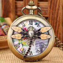 3D Dragonfly Hollow Quartz Pocket Watch Sweater Necklace Pendant Clock bronza