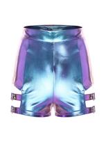 Womens Metallic Shiny High Waist Shorts Thighs Cutout Metal Buckles Hot Pants Booty Dancewear S mėlyna