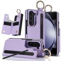 Fold7 Ring Leather Cell Phone Case for Samsung Galaxy Z Fold 7 6 5 4 3 Pen Slot Double Buckle Flip Card Holder Wallet Hard Cover Galaxy Z Fold7 violetinė
