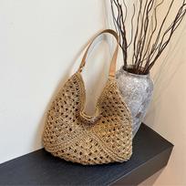 Vasarinė šiaudų mezgimo rankinė tuščiavidurė pirkinių krepšys vienspalvė paplūdimio peties rankinė atostogų kelioninė rankinė boho stiliaus peties rankinė moterims