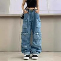 Fashionable Street Style Work Pants Multiple Pockets Long Wide Leg Patchwork Trendy People Smoke Grey Washed Outlook Long Pants S mėlyna
