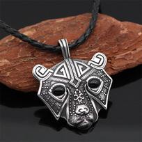 Titano plieno meškos galvos pakabukas karoliai Madingi aksesuarai vyriški megztiniai karoliai leather chain antikinės sidabrinės spalvos/juoda