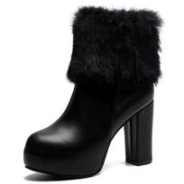 Fashion 2025 Winter Shoes Women High Heels Boots Fur Warm Shoes Fashion Boots for Women Chunky Heeled Ladies Casual Short Botas Femmes 34 juoda