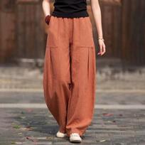 Women's Retro High Waist Cotton Linen Lantern Pants - Plus Size, Solid Color, Slimming, Long, Casual Spring/Summer Wear XXL