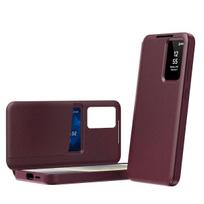 Minimalist Leather Wallet Card Holder Case for Samsung Galaxy S25 S24 S23 S22 Ultra Plus Flip Smart Display Clear Window Cover Galaxy S22 5G