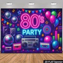 2D 80s Neon Party Backdrop - Disco Ball & Balloon Banner for 80s Themed Birthday Photoshoot 47.2x31.5inch/120*80cm