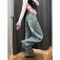 Women's High-Waist Light Blue Embroidered Wide-Leg Jeans L šviesiai mėlyna spalva
