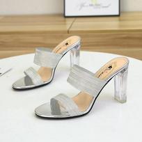Women Summer Slippers Ladies Wear Fashionable Joker Crystal Thick Heel Transparent High Heels Shoes 35 sidabras