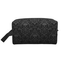 Gothic Black Skull Damask Portable Travel Storage Bags Funny Large Capacity Tote Cosmetic Bag Bathroom Makeup Bag Waterproof 25.5x16x12.5CM juoda