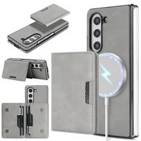2-In-1 Two-fold Wallet Leather Phone Case for Samsung Galaxy Z Fold 7 ZFold 6 5 4 3 Wireless Charging Magnetic Card Holder Cover Galaxy Z Fold3 5G pilka