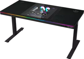 Lorgar Dual-motor sit/stand adjustable-height gaming desk with built-in PC case, wireless charger, RGB lighting, control panel, and USB jungtys, PB melamine surface tabletop, juodas.