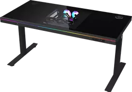 Lorgar Dual-motor sit/stand adjustable-height gaming desk with built-in PC case, wireless charger, RGB lighting, control panel, and USB jungtys, tempered glass tabletop, juodas.