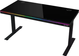 Lorgar Dual-motor sit/stand adjustable-height gaming desk with wireless charger, RGB lighting, control panel, and USB jungtys, solid tempered glass tabletop, juodas.