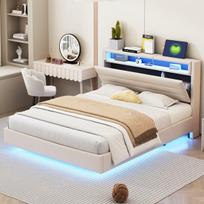 Polsteriuota lova 140x200 cm su USB, LED apšvietimu, apverčiamu galvūgaliu, dvigulė, lino audinys, smėlio spalva