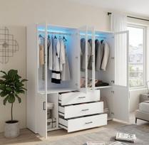 Spinta su Stiklinėmis Durimis 160 cm, LED Apšvietimas ir 3 Stalčiai, Balta Miegamojo Spinta