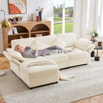 L formos kampinė sofa su pufu, Chenille, 3 vietų, su 4 pagalvėmis, beige