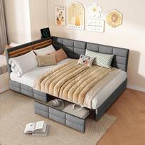 Sofa-lova 140x200 cm su 2 stalčiais - su LED ir USB - lininė - pilka