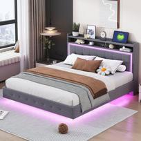 Dviejų vietų lova 160x200 cm, su USB, LED apšvietimu ir paslėptu kojų dizainu, lino audinys, pilka
