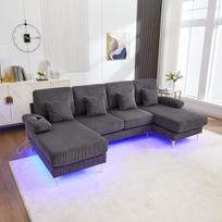 Moderni U formos sofa su LED, USB C, medinis rėmas, 4 pagalvės, pilka