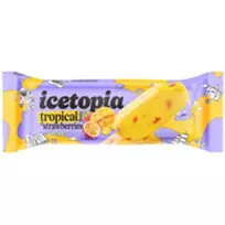 Tropinių vaisių šerbetas su braškių  gabaliukais ICETOPIA, 80 ml