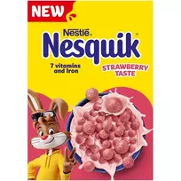 Braškių skonio pusryčių dribsnių rutuliukai su vitaminais ir geležimi NESTLE NESQUIK STRAWBERRY, 330g