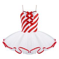 Children Girls Santa Xmas Costumes Stripes Mesh Tutu Dress for Skating Dancing Christmas Performace 3-4 Years raudona
