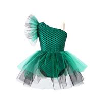 Girls Halloween Ballerina Costume One Shoulder Sleeveless Mermaid Fish Scales Print Tutu Dress Dance Camisole Leotard 5-6 Years violetinė