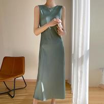 Moterims vasarinė satininė šilkinė camisole suknelė - Imituotas šilkverpio šilkas, apvali apykaklė, be rankovių, A formos, aukštu juosmeniu, ilga suknelė M balta