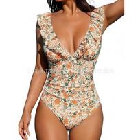 Women's one-piece swimsuit v-neck swimsuit ruffle strap swimsuit swimsuit S