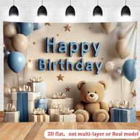 2D Neutral Blue & Beige Teddy Bear  Happy Birthday  Backdrop with Gifts & Balloons 47.2x31.5inch/120*80cm