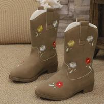 Girls Leather Boots Autumn Winter Kids Embroidered Mid-calf Boots  Sweet Elegant Children  Causal Boots Pointed Toe 27 ruda